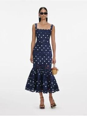 ISO Self-Portrait Navy Polka Dot Lace Midi Dress (Size 12)